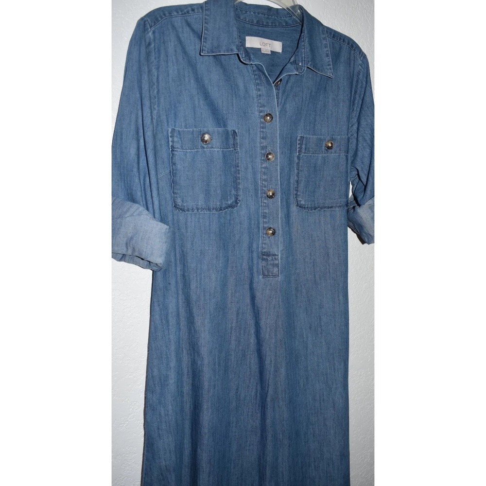 Loft‎ MEDIUM Denim Chambray Blue Shirt Dress Chest Pockets Long Slv 100% Cotton - Picture 2 of 16